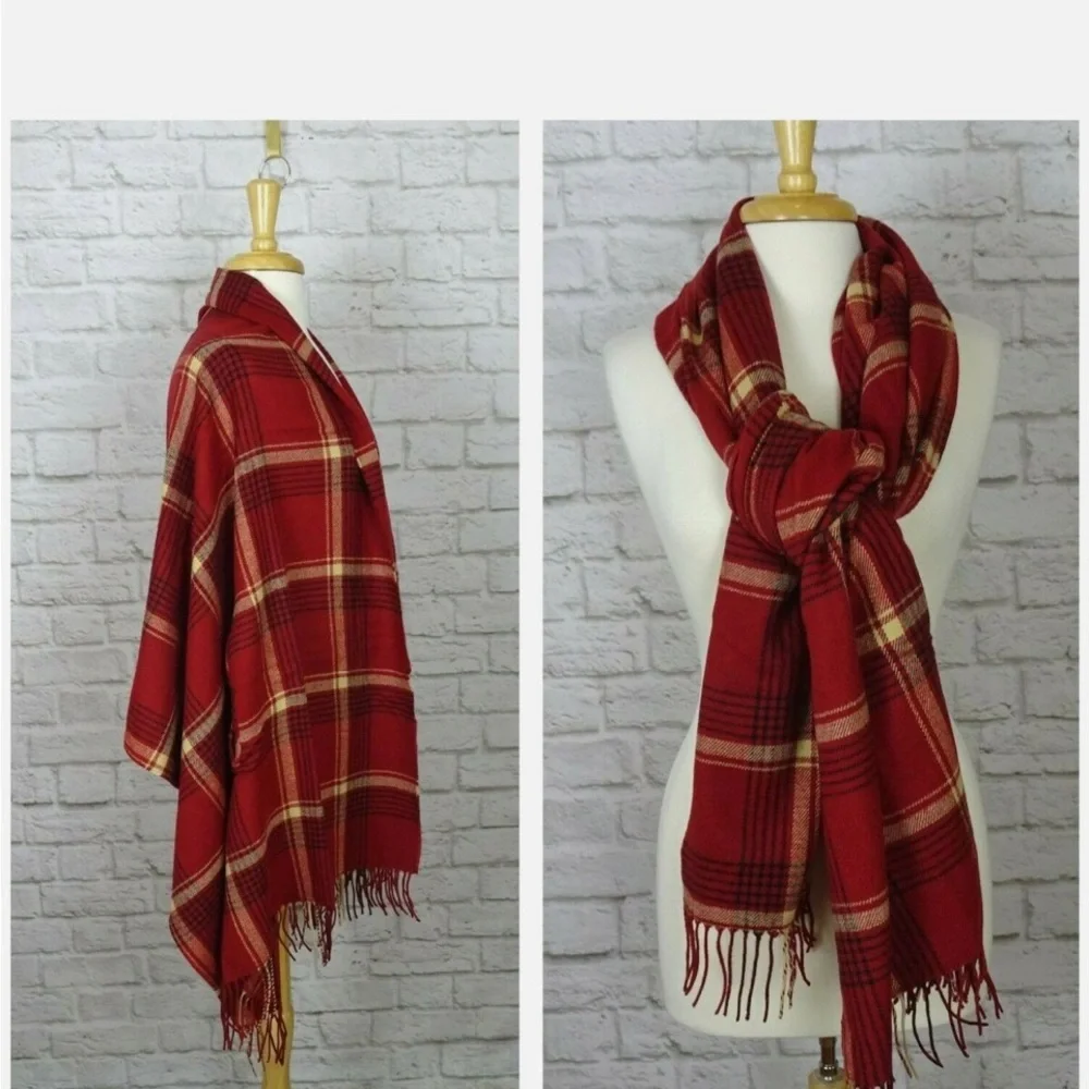 Madewell Red Plaid Scarf Cape Poncho with‎ Armholes Fringe Trim Oversized Wrap
